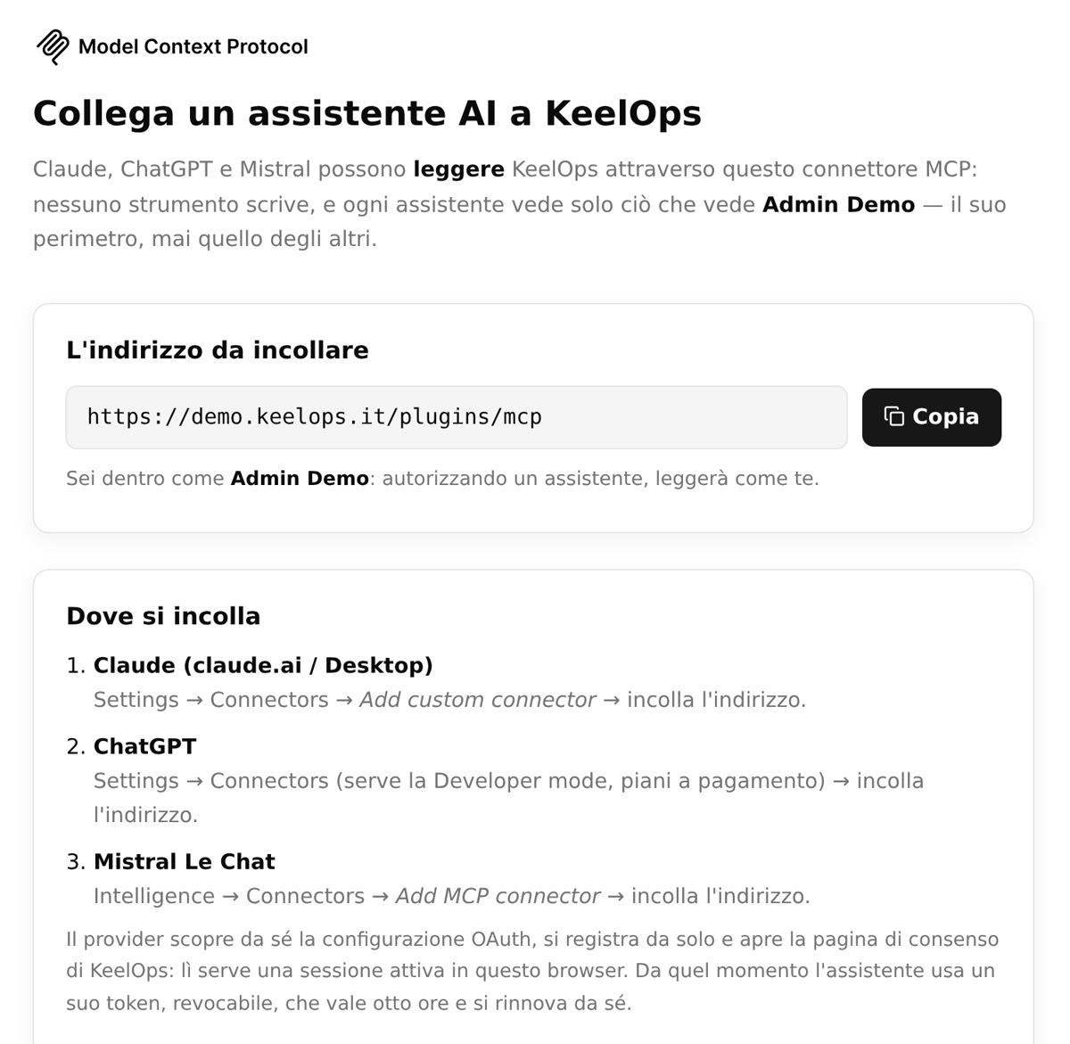 La pagina del connettore MCP